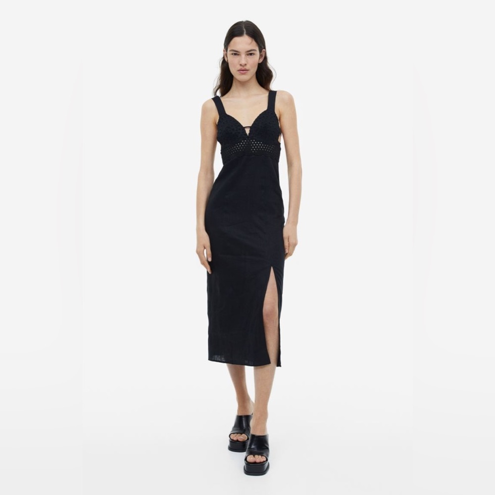 Black Linen Dress with Eyelet Embroidery. Size M.